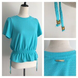 MICHAEL KORS Turquoise Blue Textured Gold Logo Hardware Drawstring Waist Shirt